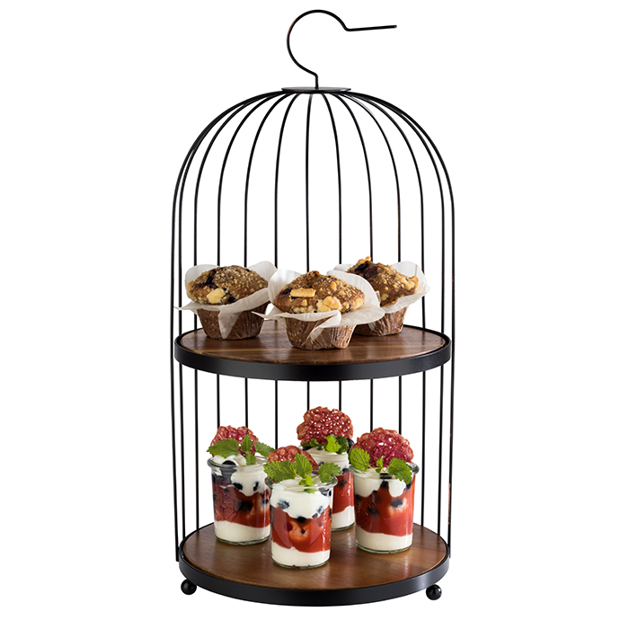 Black Metal 'Birdcage' Buffet Stand, 2 x Acacia Wood Panels - 33206 (Pack of 1)