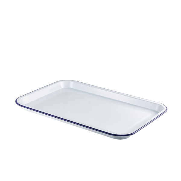 Enamel Serving Tray White with Blue Rim 33.5x23.5x2.2cm - 942933WH