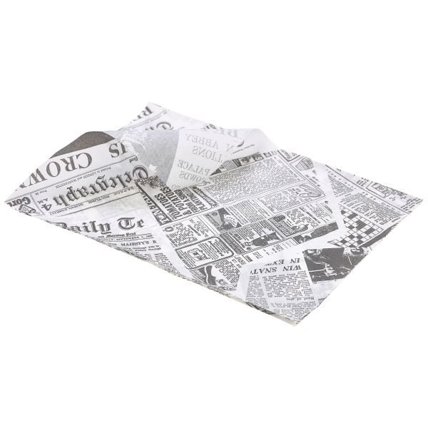 Greaseproof Paper White Newspaper Print 25 x 35cm - PN1487P