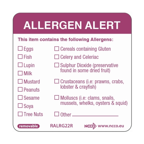 50X50mm Removable Allergen Label (500) - RALRG22R