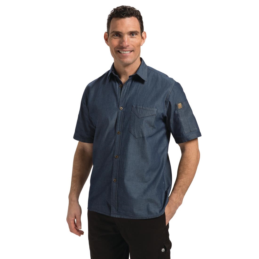 Chef Works Detroit Unisex Denim Shirt Short Sleeve Blue L